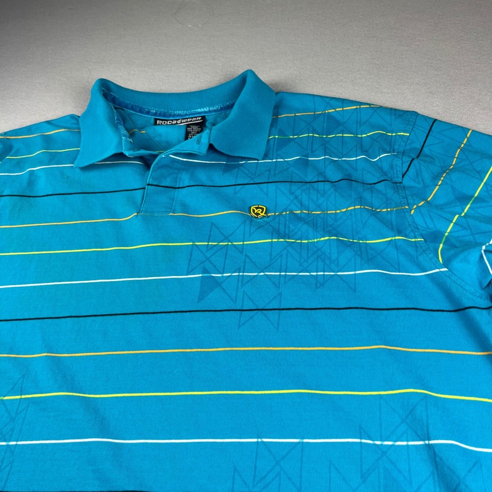Rocawear Mens 2XL Polo Turquoise Blue Striped Short Sleeve Cotton Y2K Hip Hop